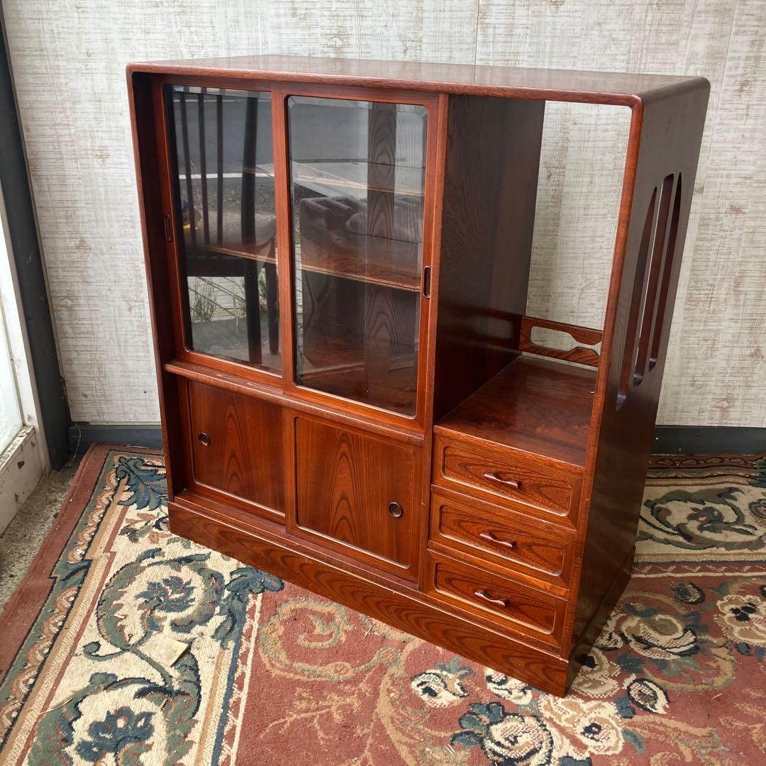 昭和レトロ 無垢材 茶箪笥 茶棚 ガラス戸 サイドボード 古家具 古民家 古道具