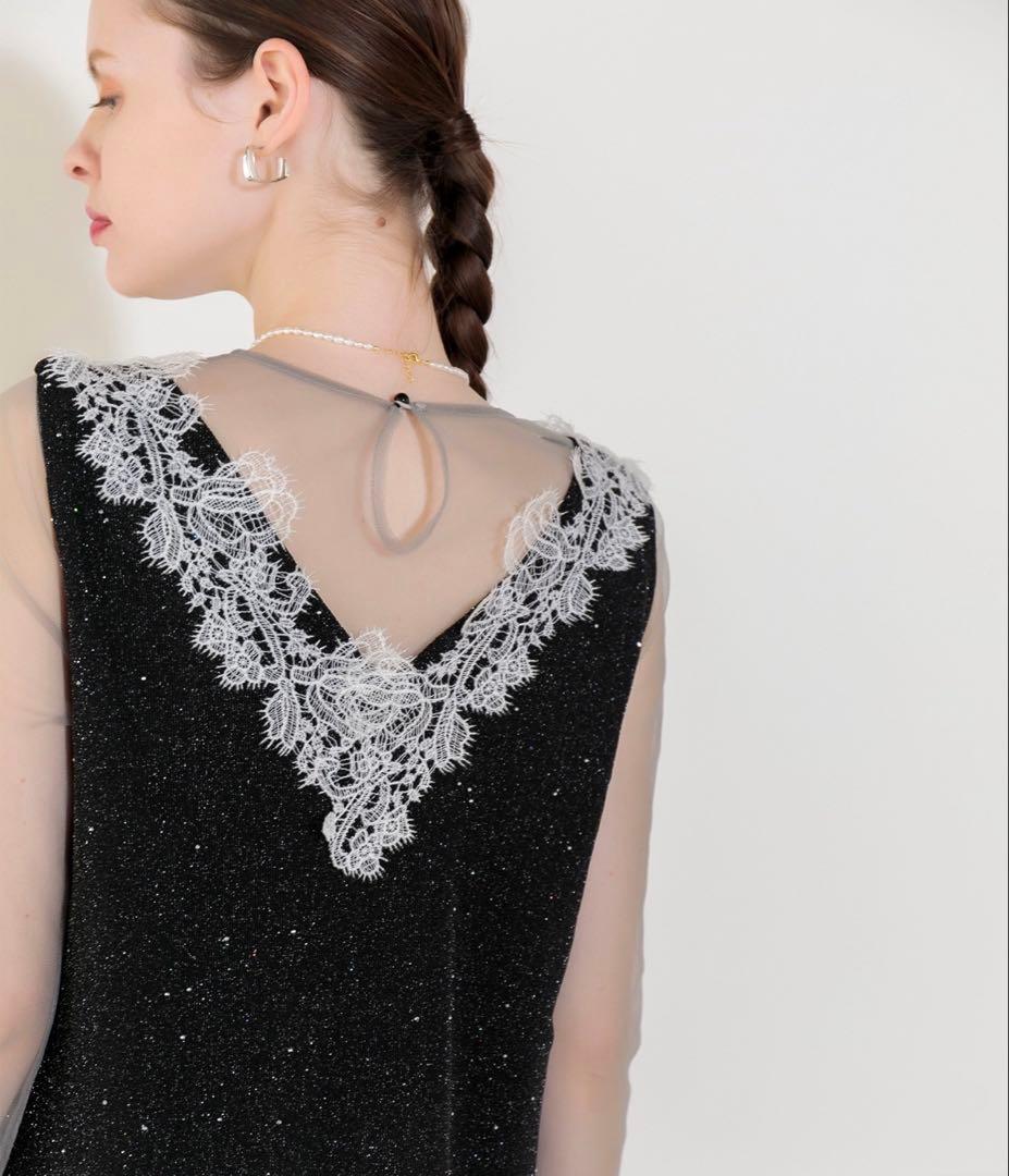 み*き様 【LEJA】レースネック透け袖スリットキラキラロングドレスワンピース