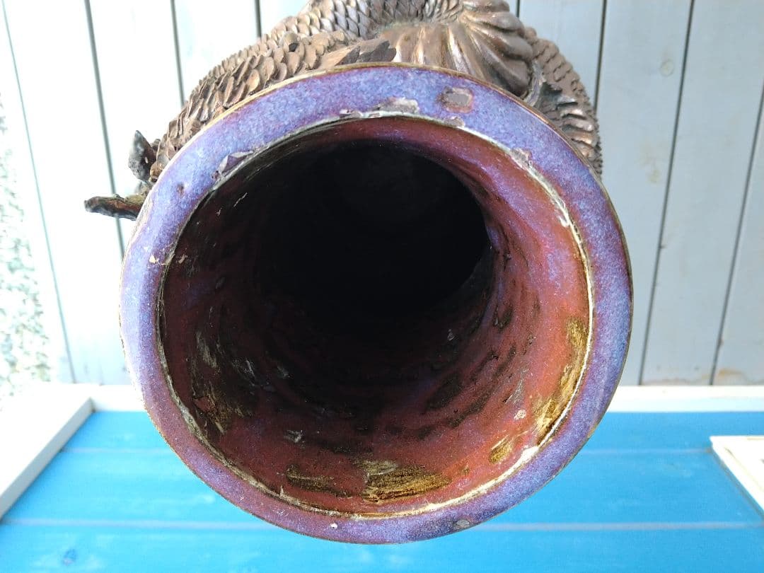 唐津焼巻龍塑型大花器A25、焼物の龍花瓶、骨董品、アンティーク、