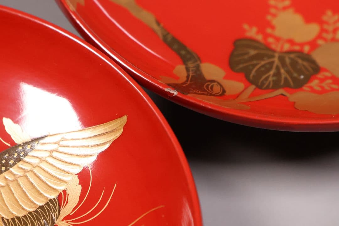 【CM244】時代木製漆器 桐鳳凰・菊 金蒔絵 朱塗 引盃 五客 木製漆器 小皿