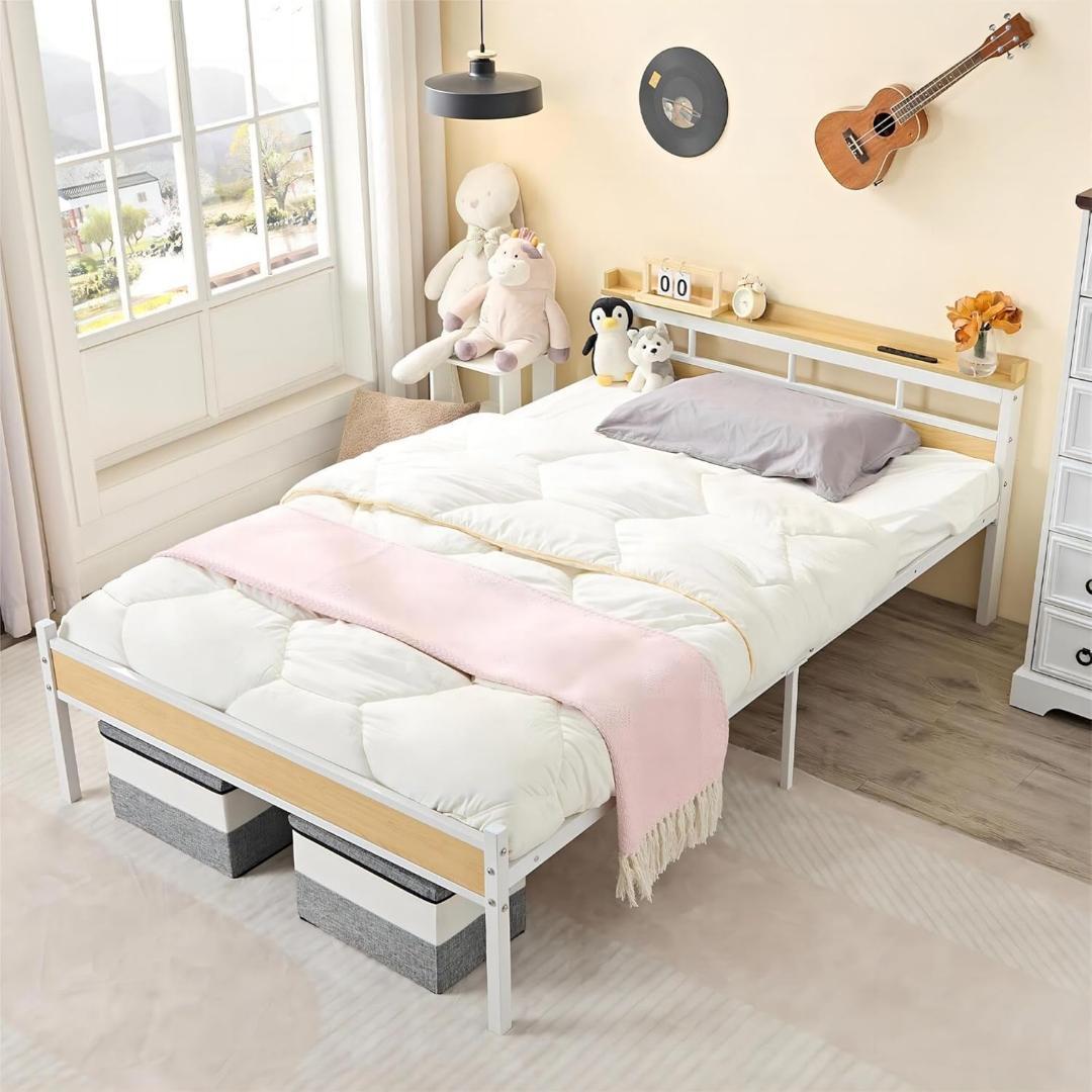 ベッドフレーム セミダブル ホワイト コンセント付き スチール製 頑丈 静音