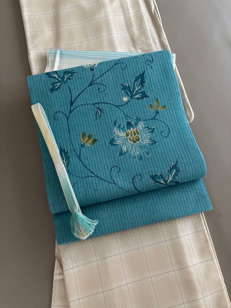 二葉苑 コバルトブルー 変わり織 紬地 正絹 九寸名古屋帯 極美品