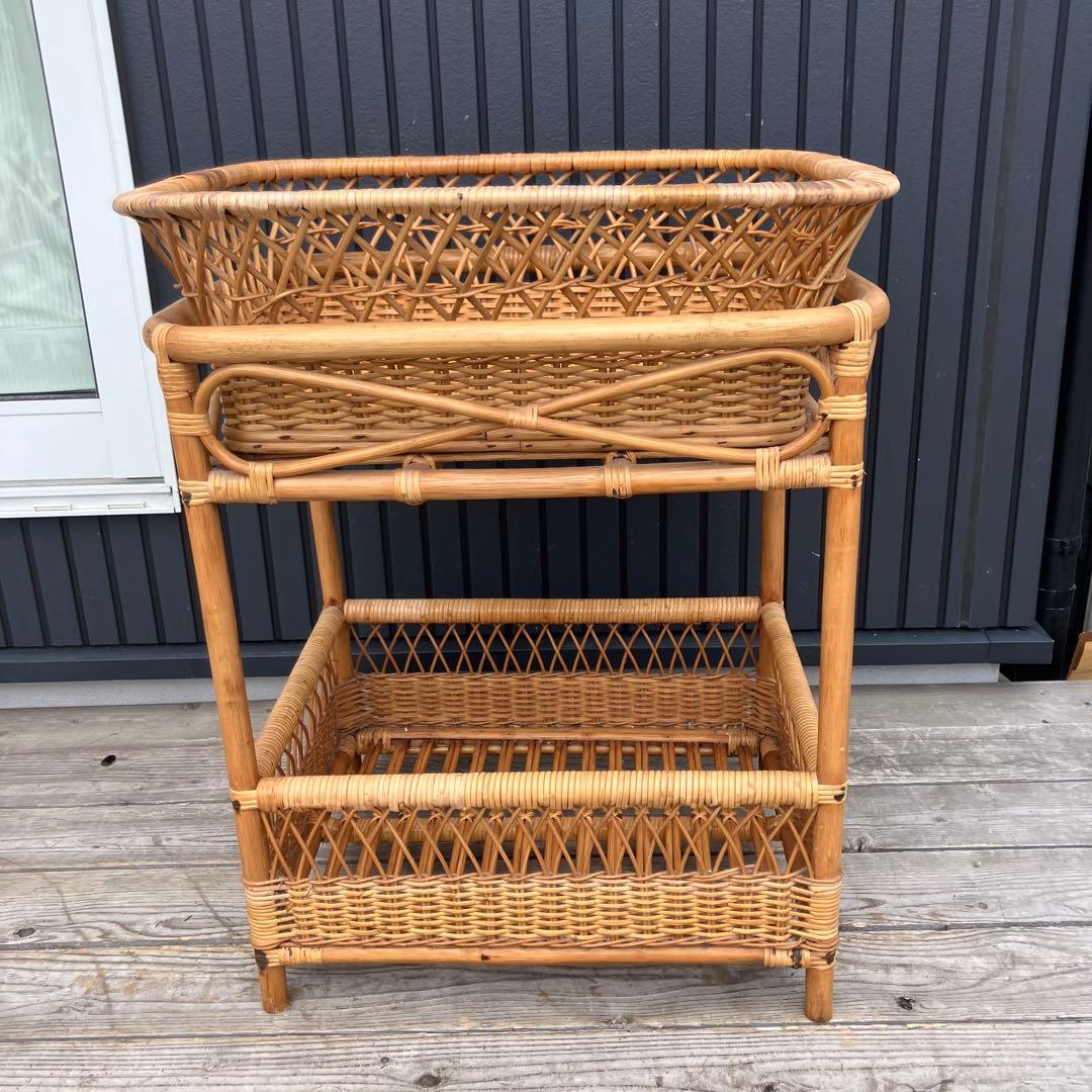 昭和レトロ 古家具 ラタンランドリーラック 2段 脱衣かご 衣類収納 アジアン