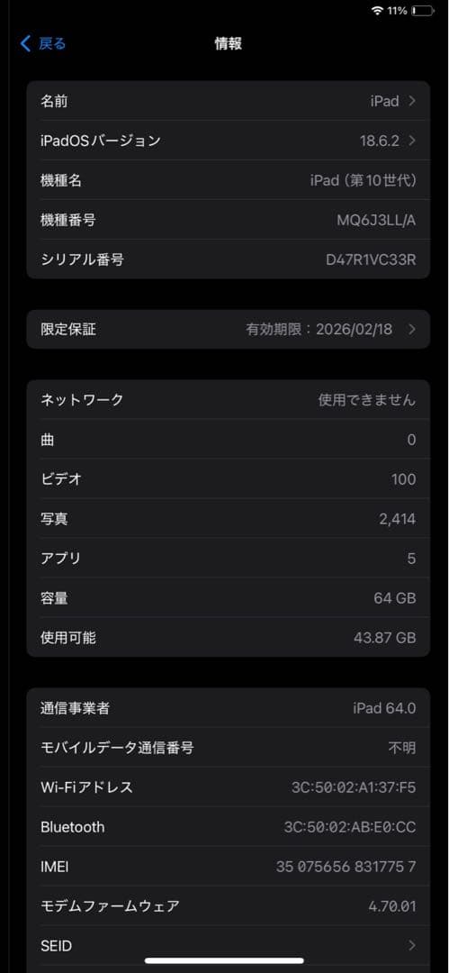 【美品】iPad 第10世代 Wi-Fi+セルラー 最大容量100% 64GB