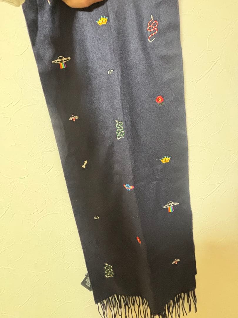 GUCCI 刺繍 ネイビー ストール フリンジ付き