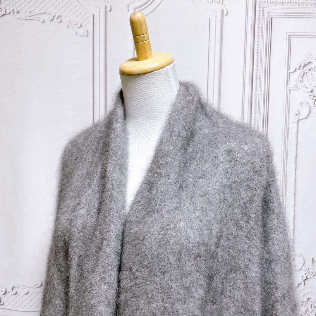 上質『ノーブル』ロング カーディガン【F】グレー 高級 毛皮 ウール ラクーン