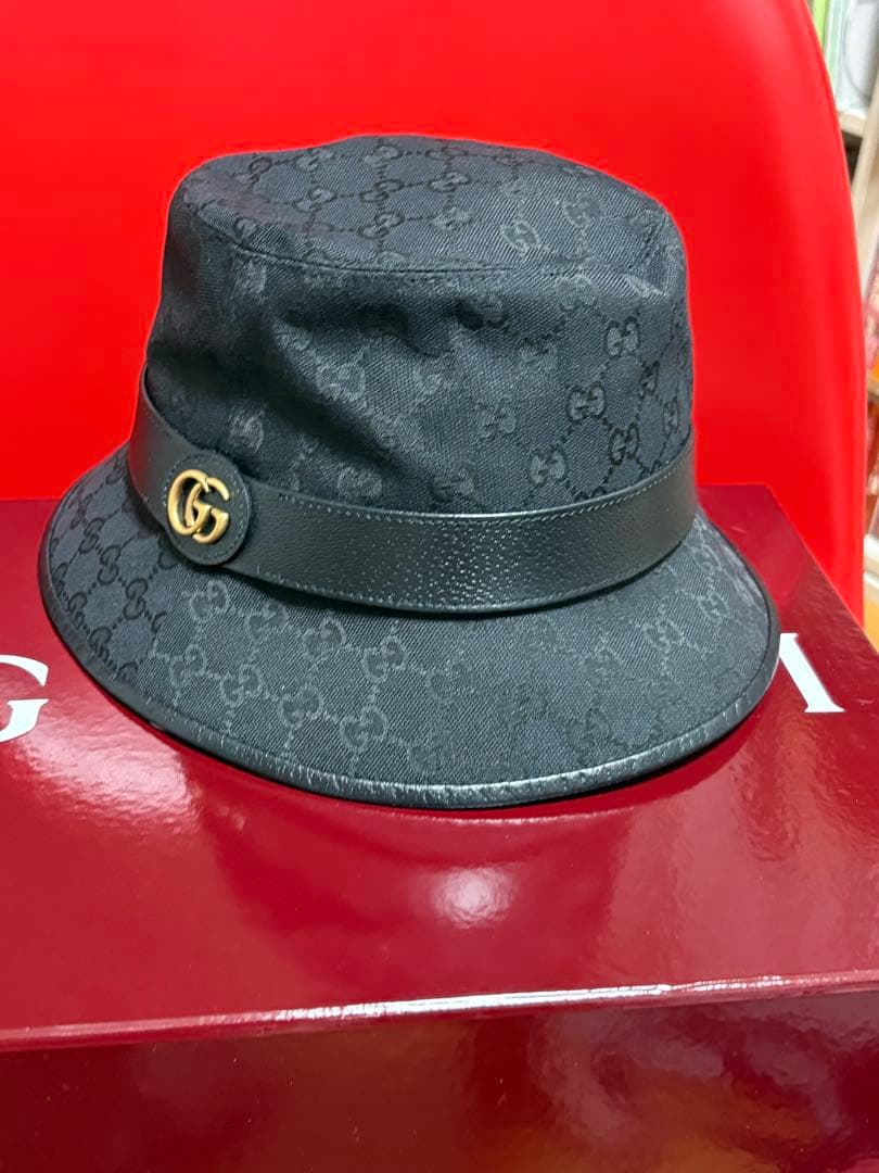 GUCCI ブラック GGパターン バケットハット XL