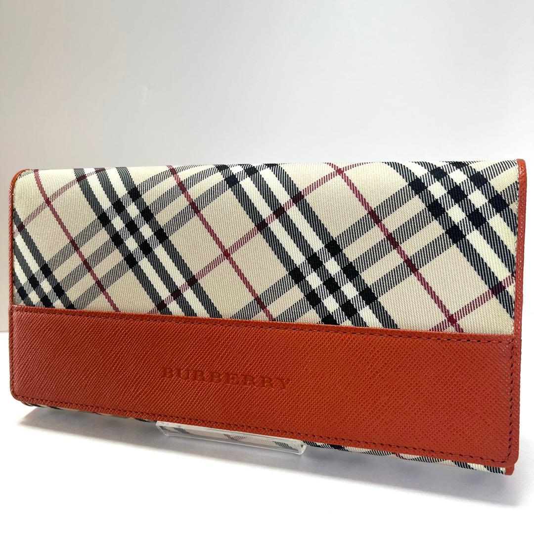 【希少色美品】バーバリー　二つ折り　がま口　チェック柄 長財布　オレンジ