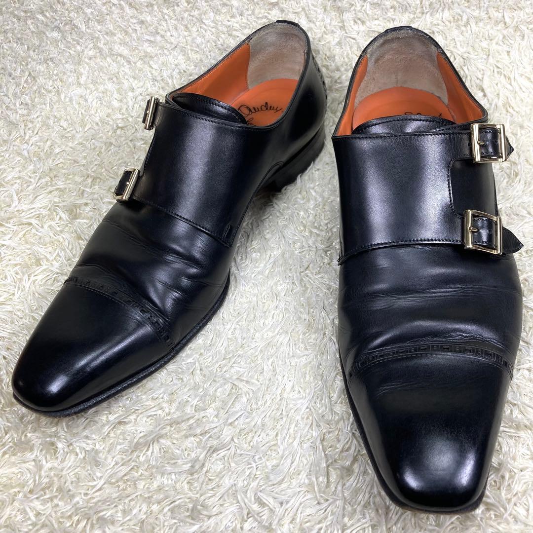 『美品』Santoni ダブルモンクストラップ ストレートチップ メダリオン　黒