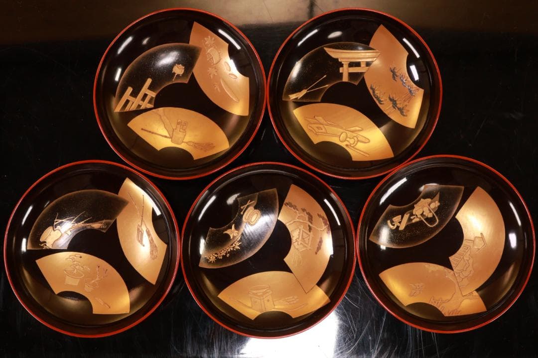 時代輪島塗　扇面絵違金蒔絵　吸物椀　５客　木製　図替　絵違 BJ055