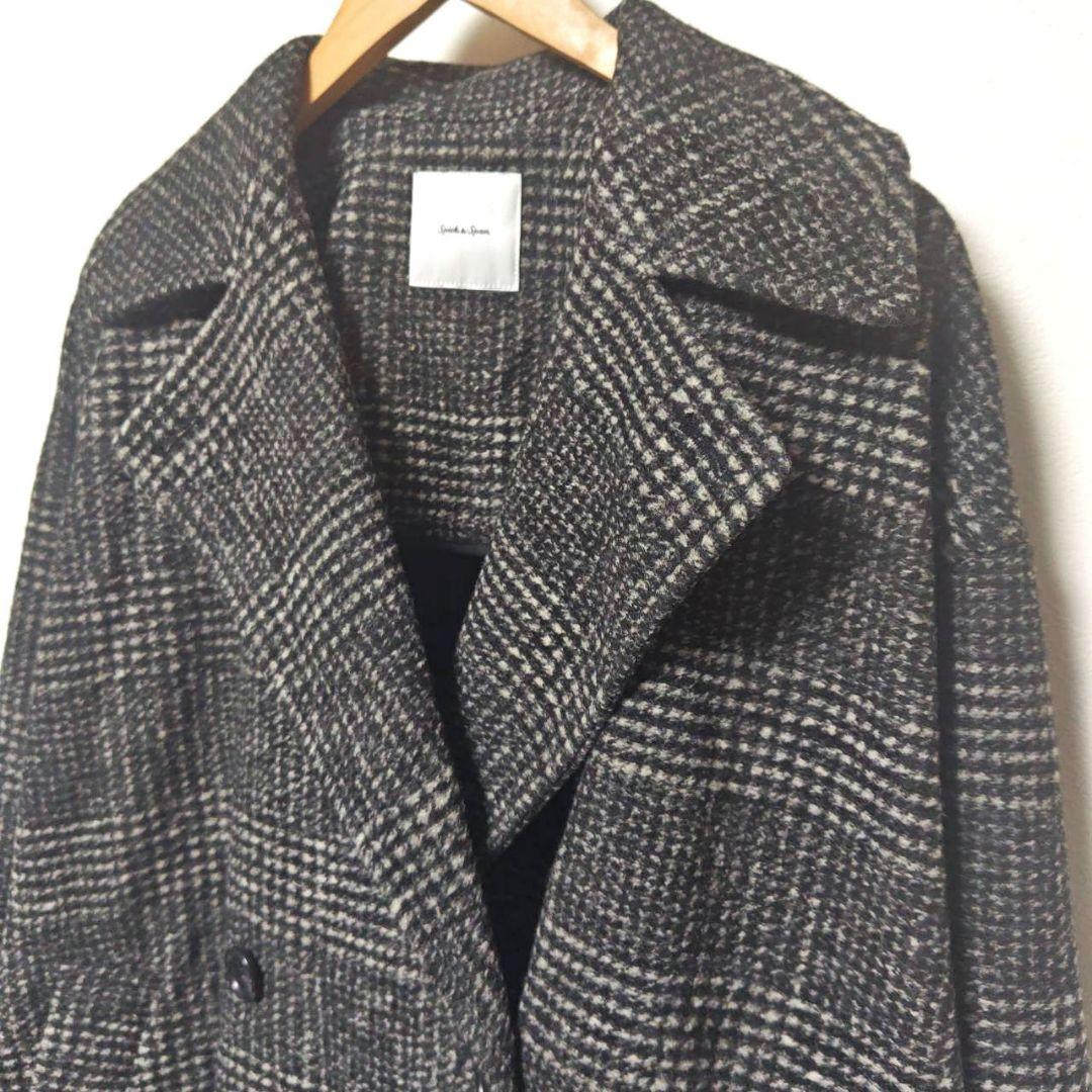 24AW スピックアンドスパン Wスライバーチェックハーフコート 36 黒グレー