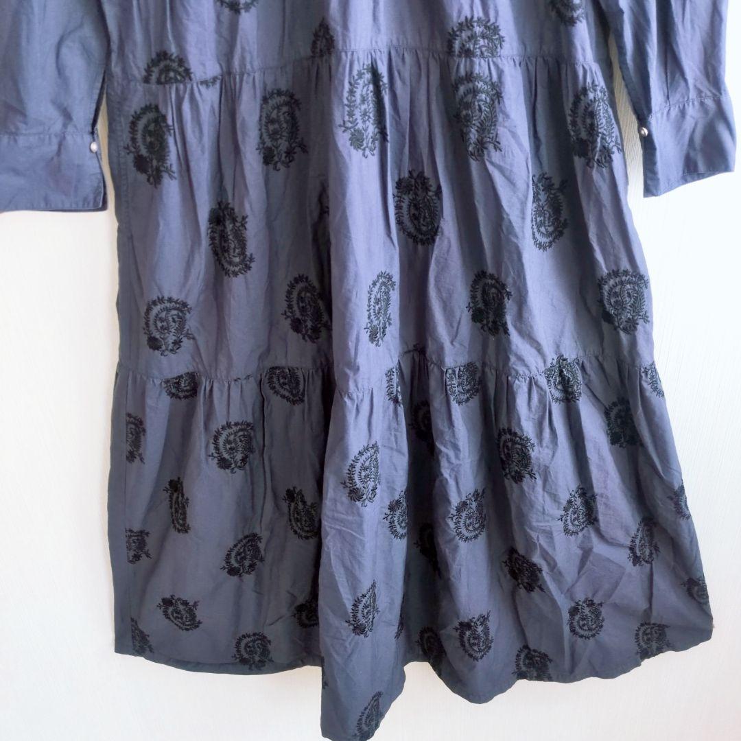 ヌキテパ 刺繍 ポプリンペイズリー ティアード ワンピース ネイビー