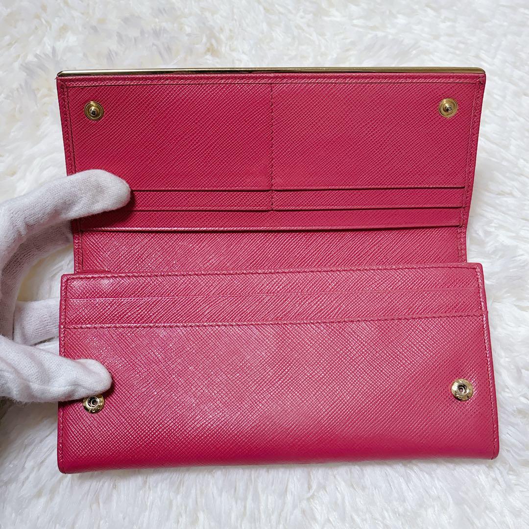 PRADA サフィアーノレザー フラップ 長財布 メタルロゴ ピンク