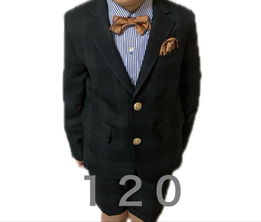 ダークグリーンチェックブレザーと半ズボン、ストライプシャツ、ネクタイセット