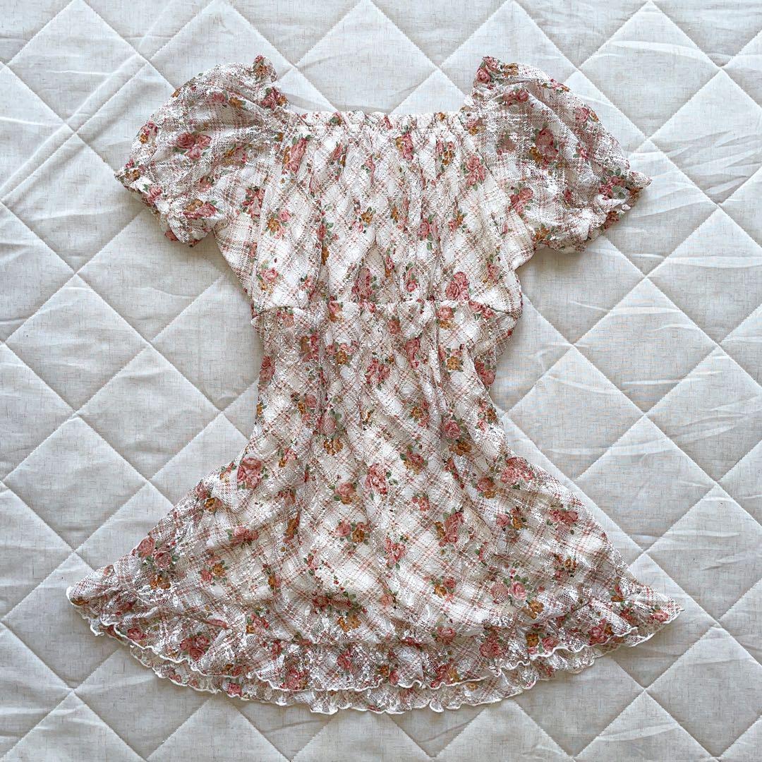 00s LIZLISA 風 チェック柄×ローズ柄 総レースパフフリルチュニック