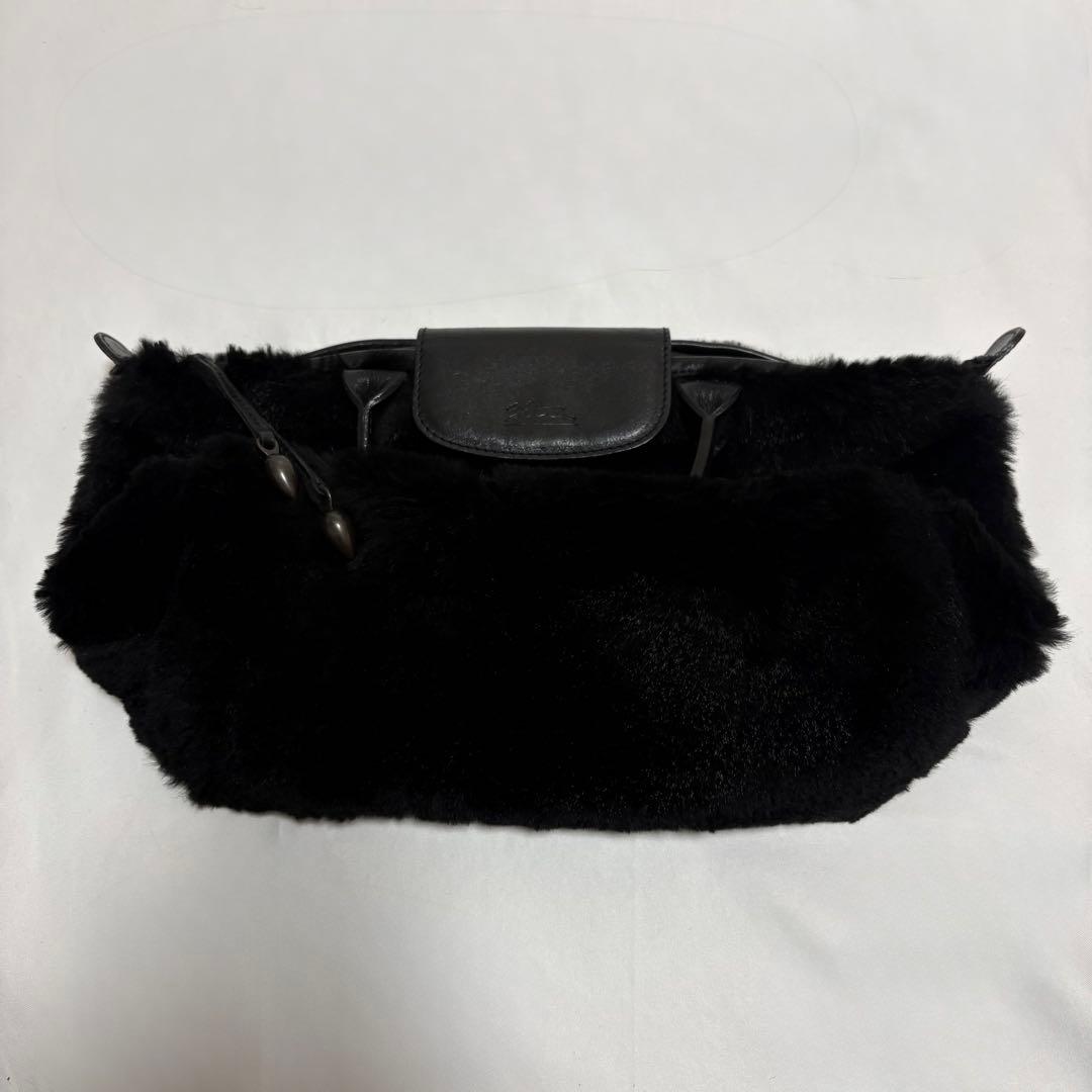 希少 ロンシャン プリアージュ ラビットファー ハンドバッグ 黒色 フランス製