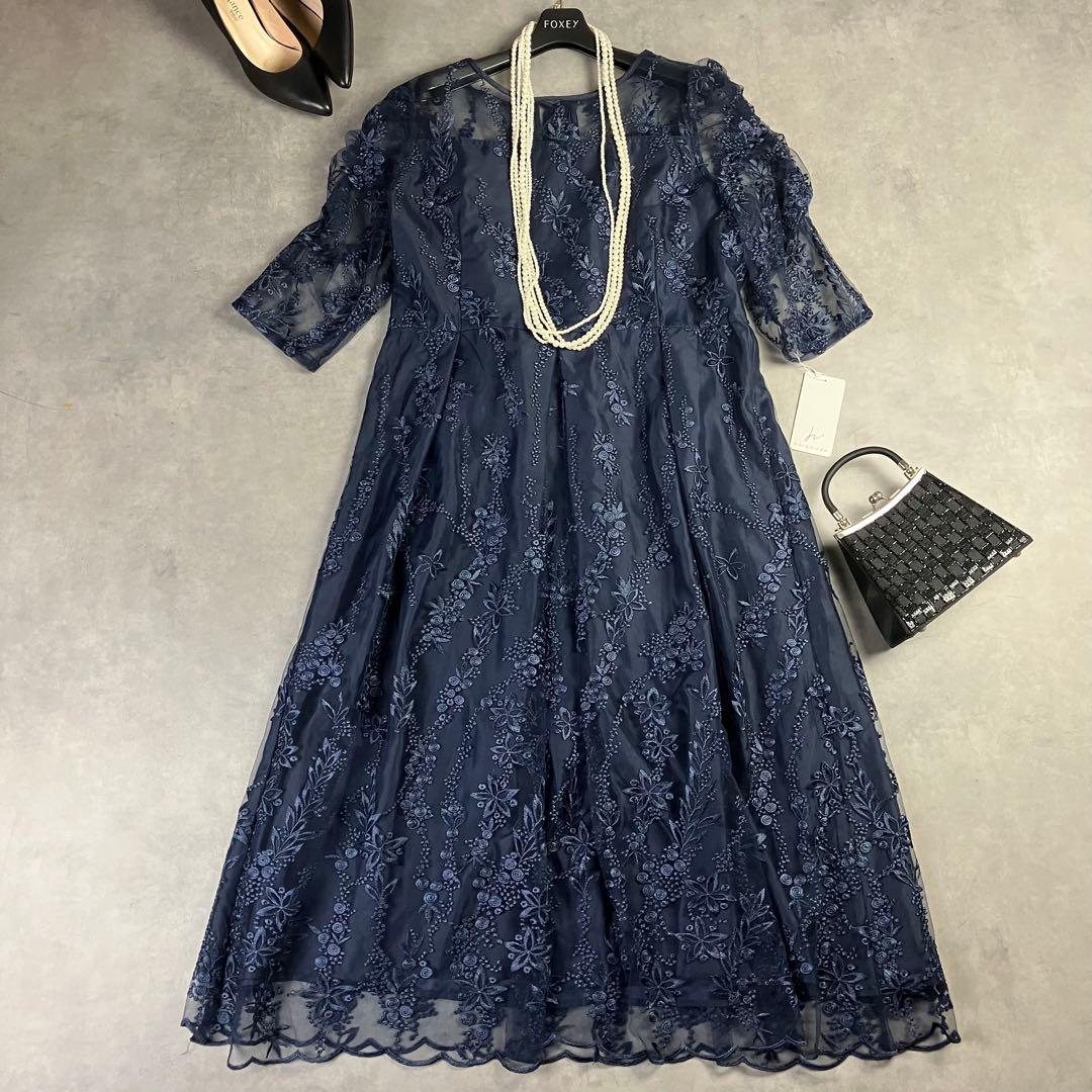 【新品】ハレモード 総レースドレス 紺 LL 大きいサイズ ワンピース 結婚式
