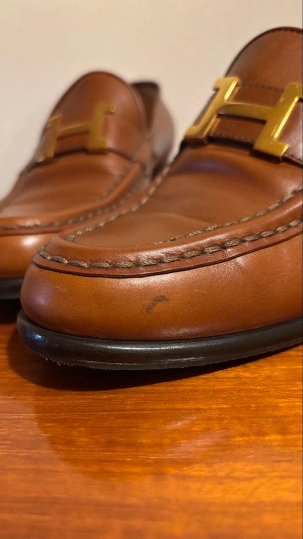 エルメス　ブラウンレザー ローファー ゴールドHロゴ