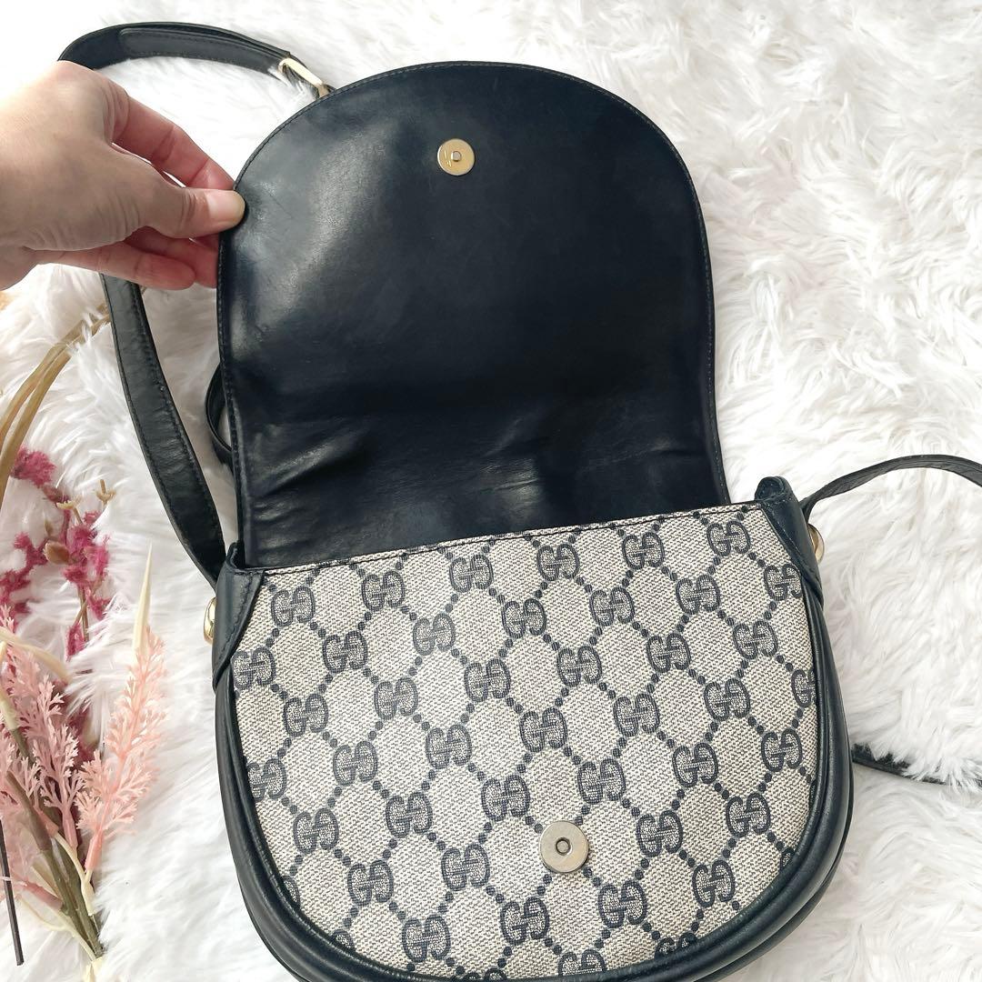 美品⭐︎OLD GUCCI ggシマ ネイビー レザー ロゴ金具 ショルダーバッグ