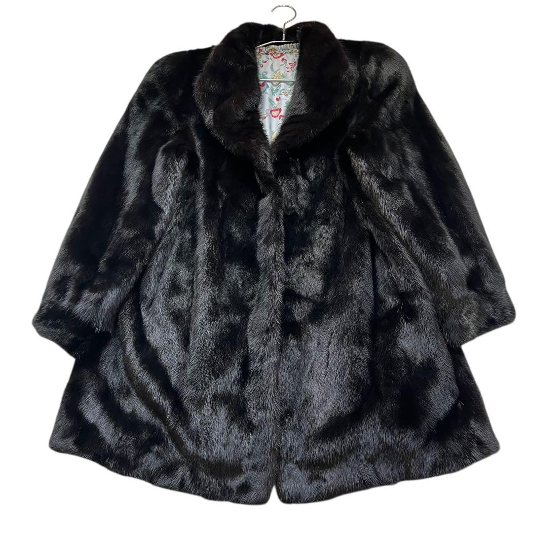 着丈80cm ブラックミンク リアルファー 毛皮 毛並み◎ なめし柔らか 総柄