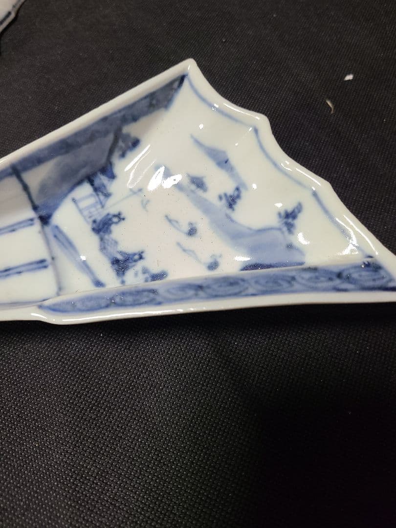 九谷焼須田菁華染付船人物文半開扇向付2客