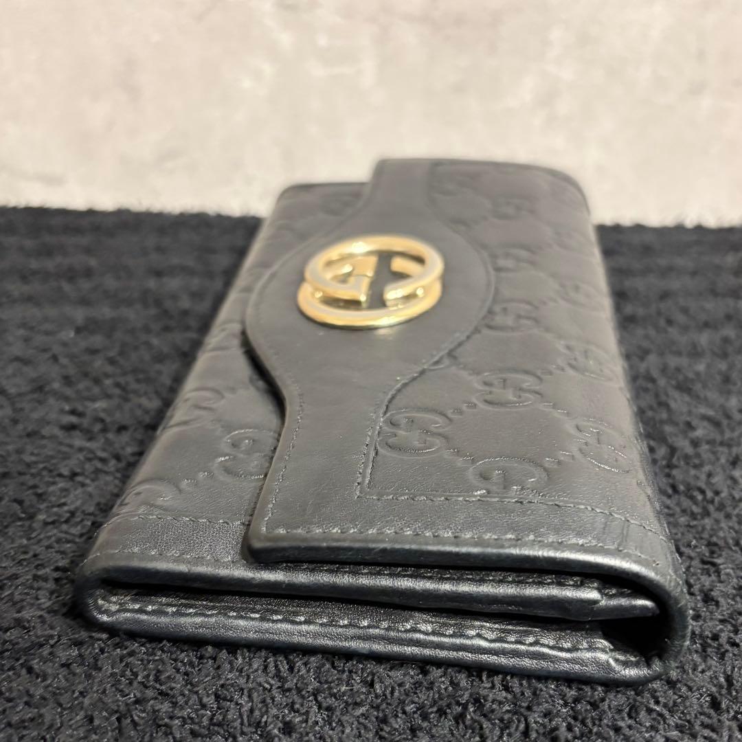 美品 GUCCI シマ インターロッキング フラップ ブラック 長財布