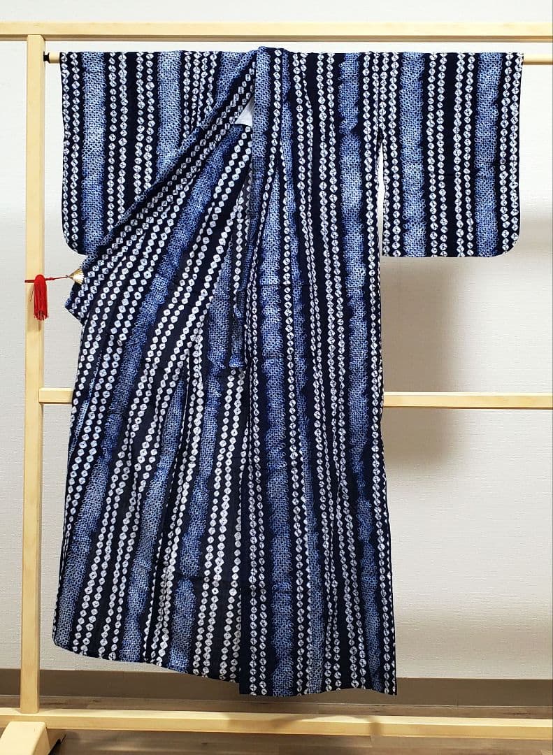 A9 有松鳴海絞り ストライプ模様 藍染 綿 浴衣 着物 13