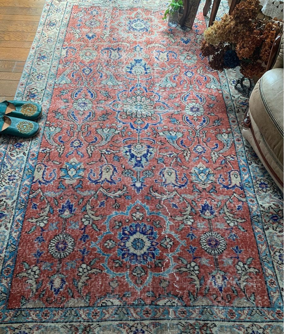 超大判　トルコヴィンテージラグ　234× 132 テラコッタオレンジ　ボタニカル