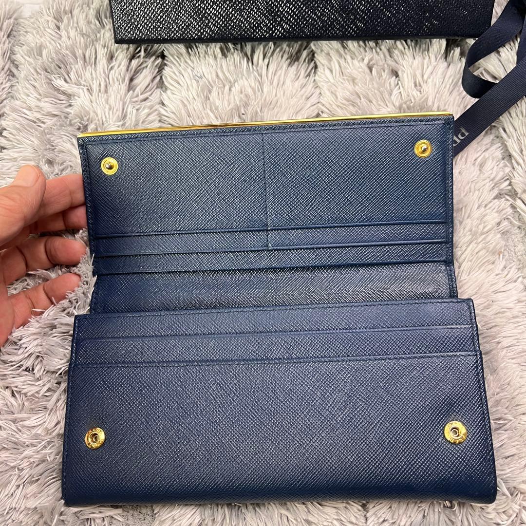 美品✨PRADA サフィアーノ　メタルバー　メタルロゴ　ネイビー　長財布