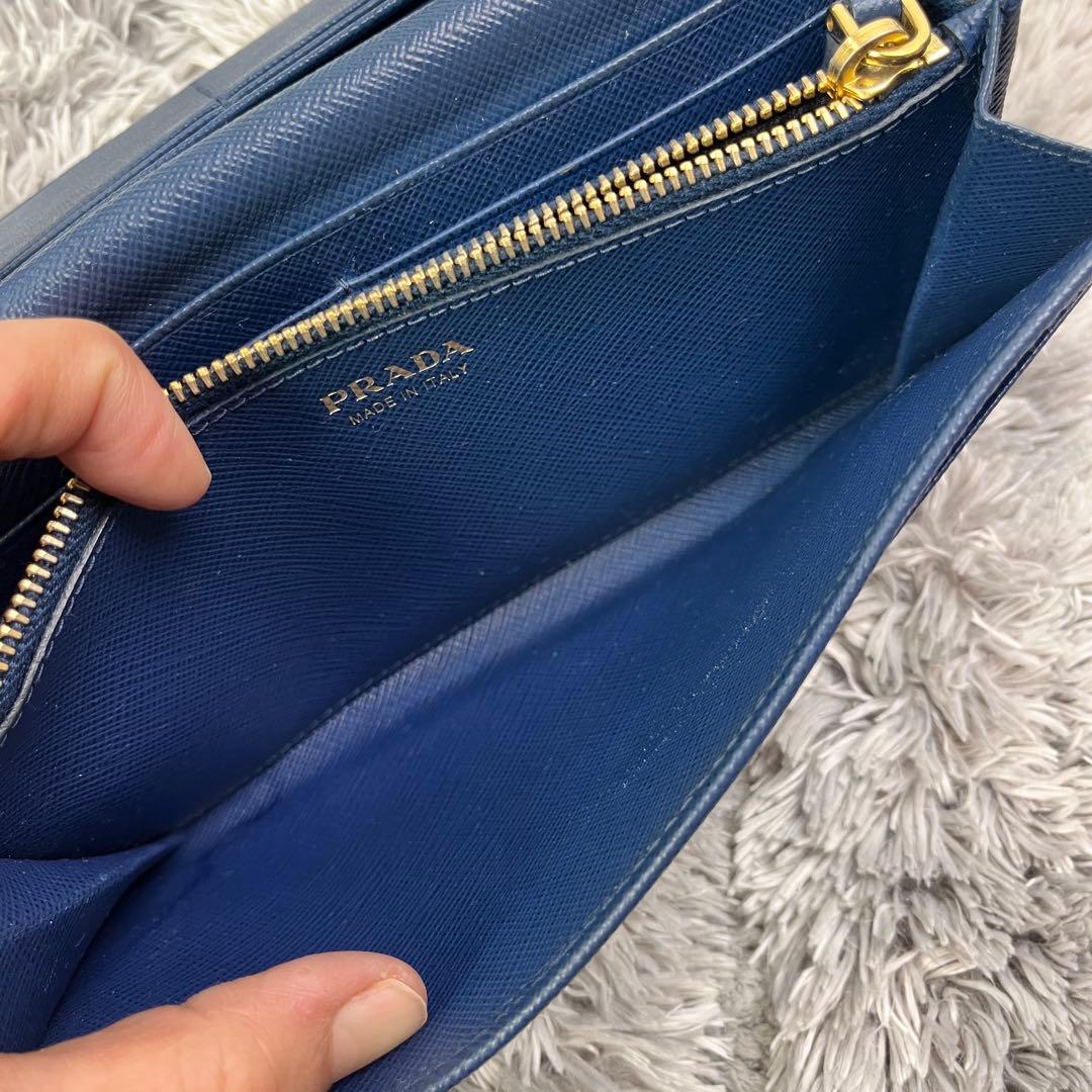 美品✨PRADA サフィアーノ　メタルバー　メタルロゴ　ネイビー　長財布