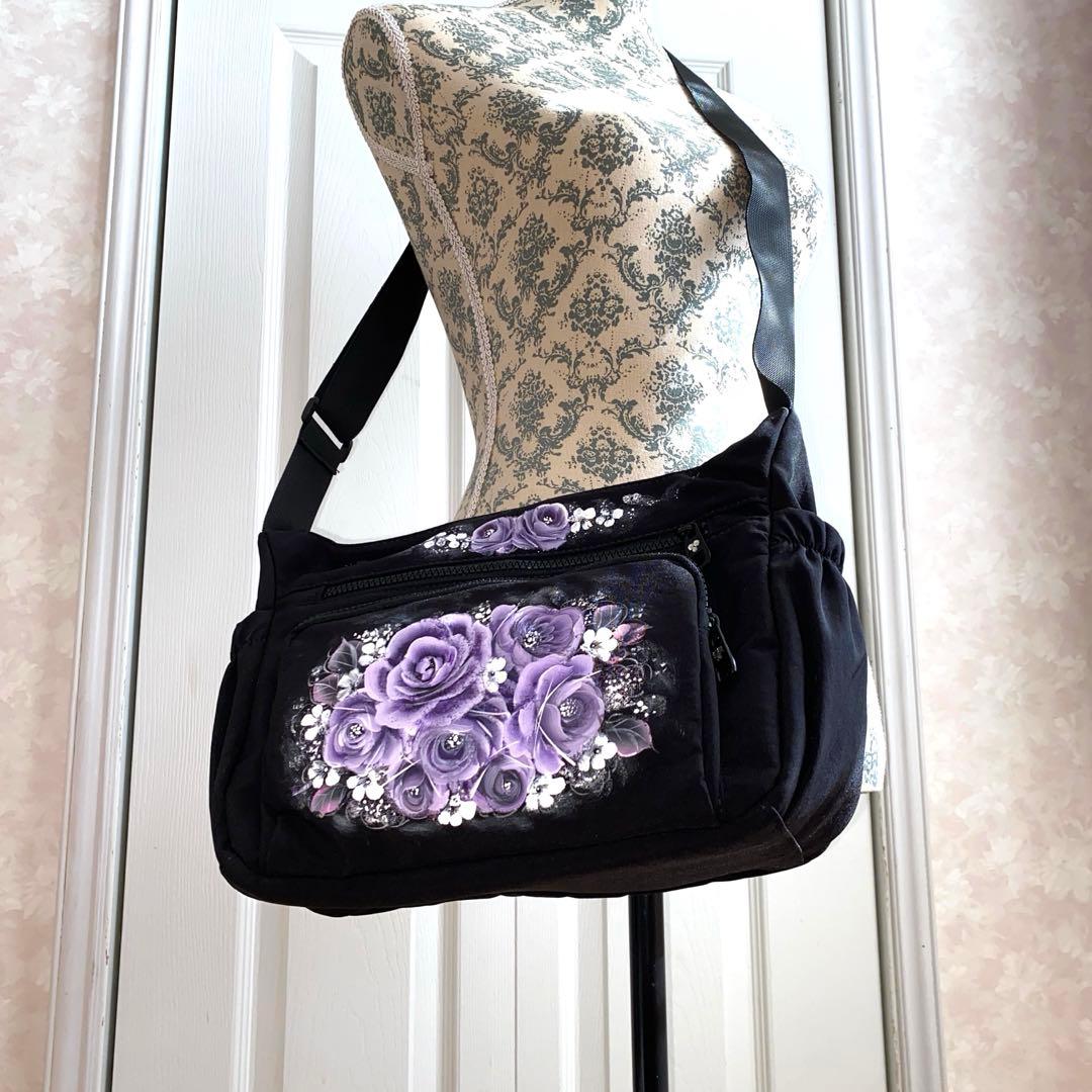 ショルダーバック　パッチン留め　薔薇　手描き　トールペイント