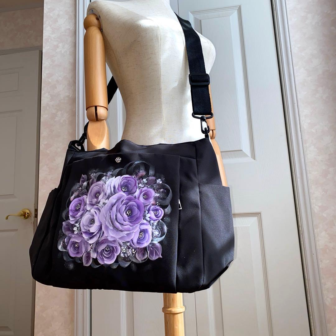 ショルダーバック　パッチン留め　薔薇　手描き　トールペイント