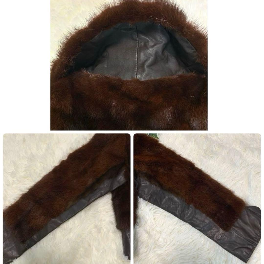 【本革×リアルミンクファー】 ジャケット M相当 濃茶 刺し毛＆密度◎ ショート
