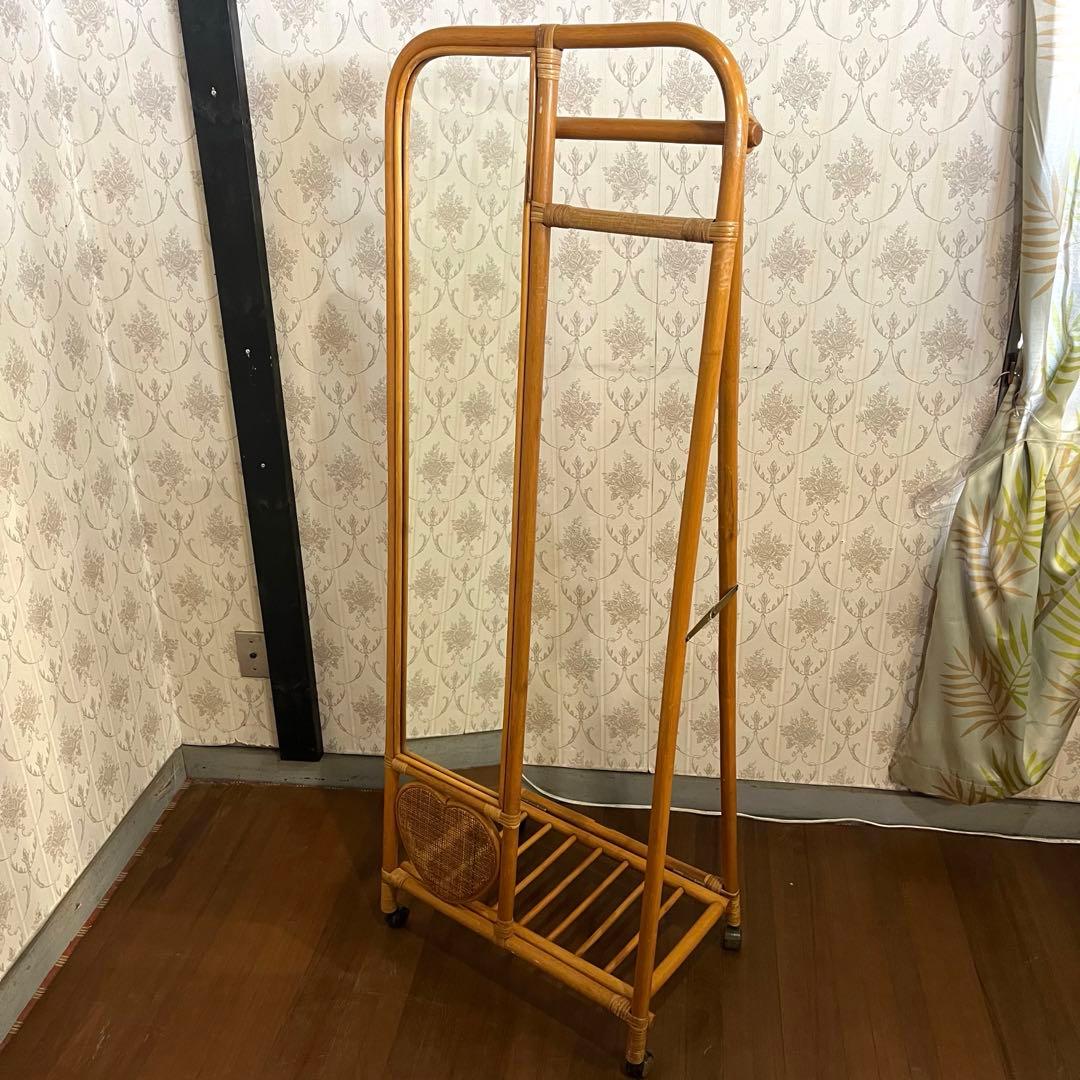 【アンティーク】籐 ラタン ミラー付き 折り畳み式 ハンガーラック 古道具
