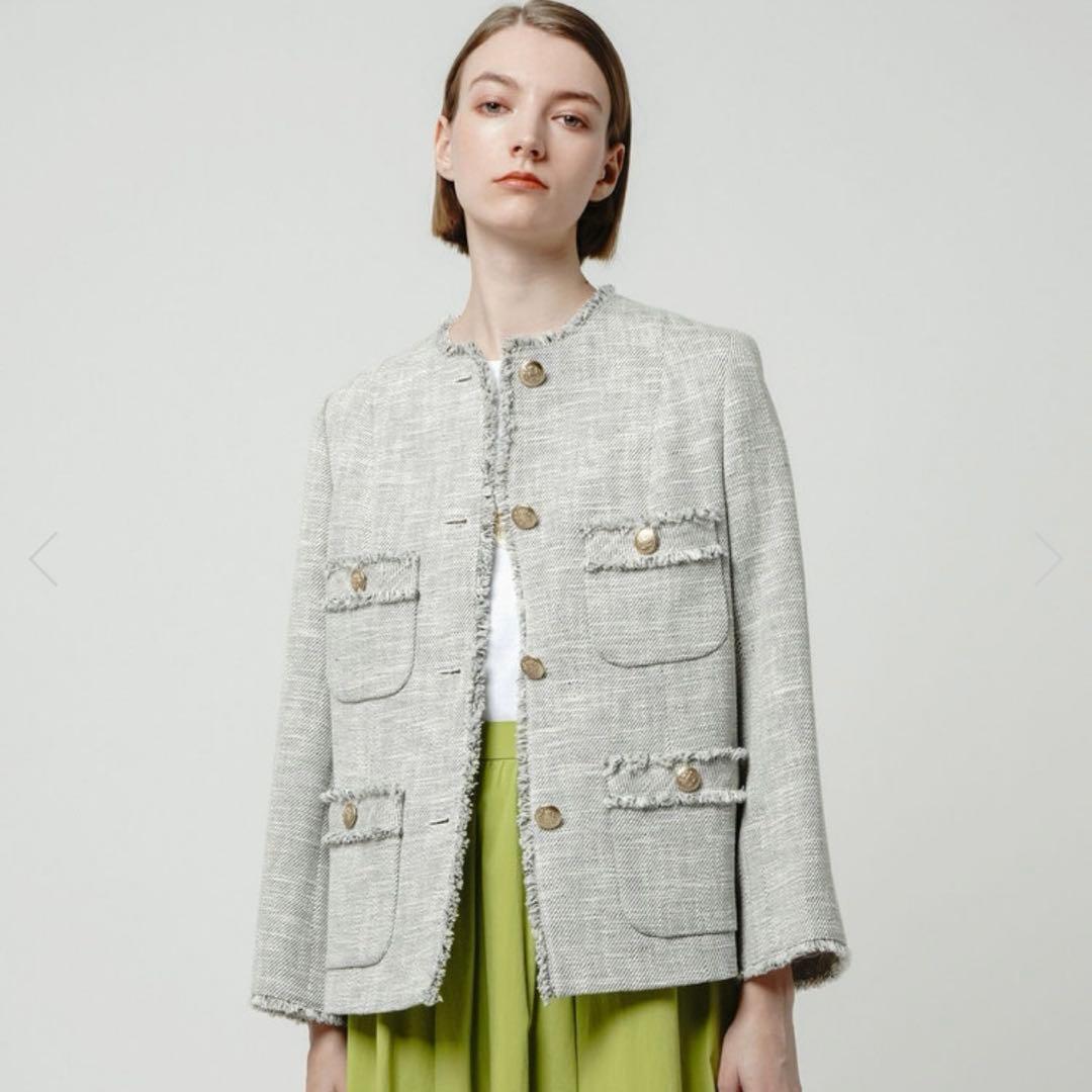 専用ですallureville スラブツイードクルーショートコート 麻　金ボタン