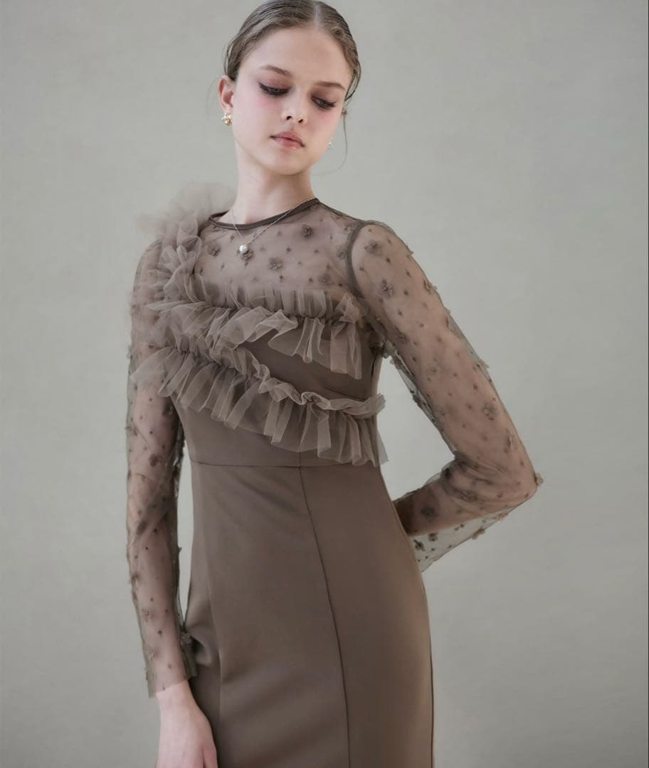 Leja フラワーモチーフアシンメトリーチュールマーメイドワンピースドレス