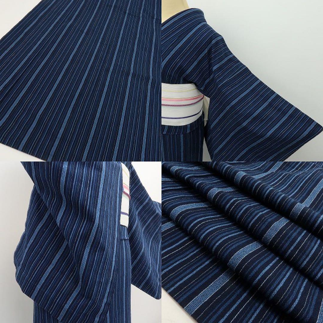 美品 綿 縦縞 しじら織 浴衣 洗える夏着物 着物 A3340