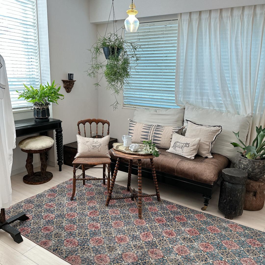 トルコ ヴィンテージラグA3 大判 レア ブルー グレー ベージュ ピンク