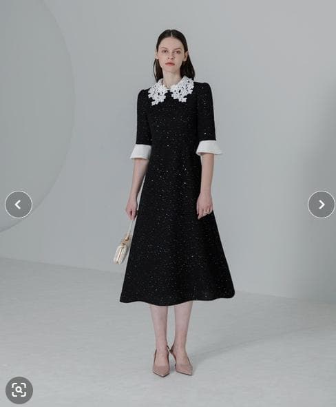 【LEJA】花柄レースカラー スパンコール刺繍 Aラインフレアドレス Lサイズ