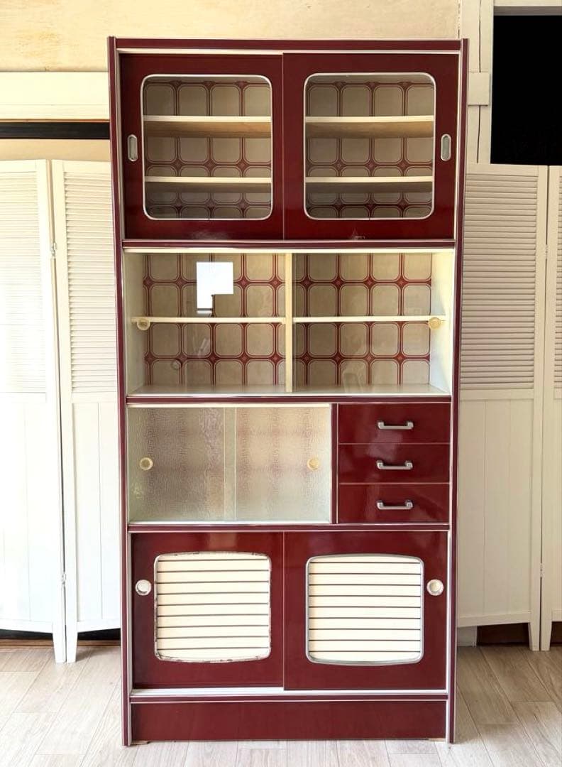 昭和レトロ レトロポップ 食器棚 ガラスキャビネット 木製 キッチン収納 大