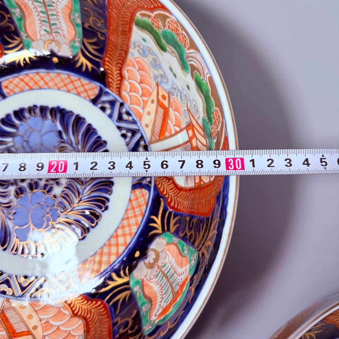 1900年代初頭　錦手　山水図三ツ鉢　箱有　青海波文　舟　二重高台　明治大正期