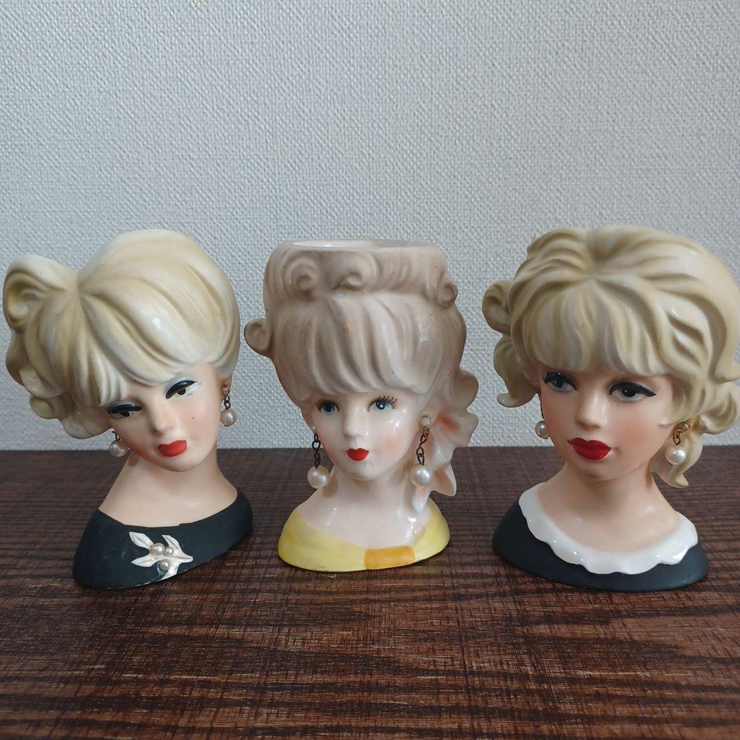 ビンテージ レディヘッドベース 陶器製置物花瓶　3点セット（全高約110㎜）