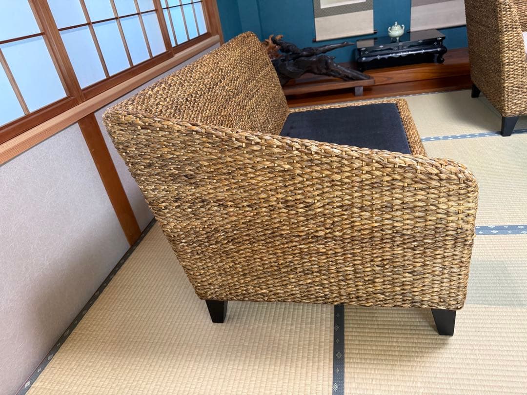 ラタン L字型ソファセットとコーヒーテーブル