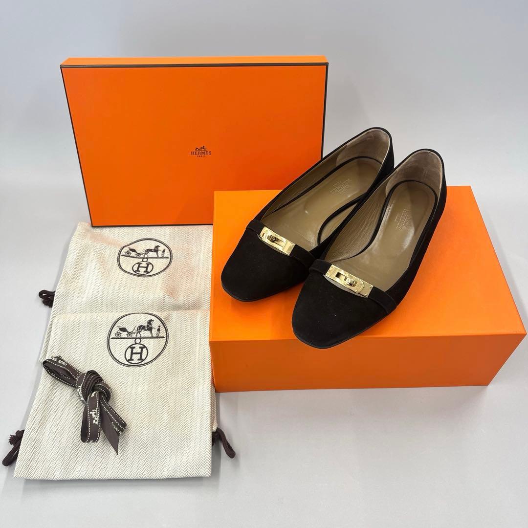エルメス フラット シューズ パンプス ビルバオ 37.5 ケリー バックル 靴