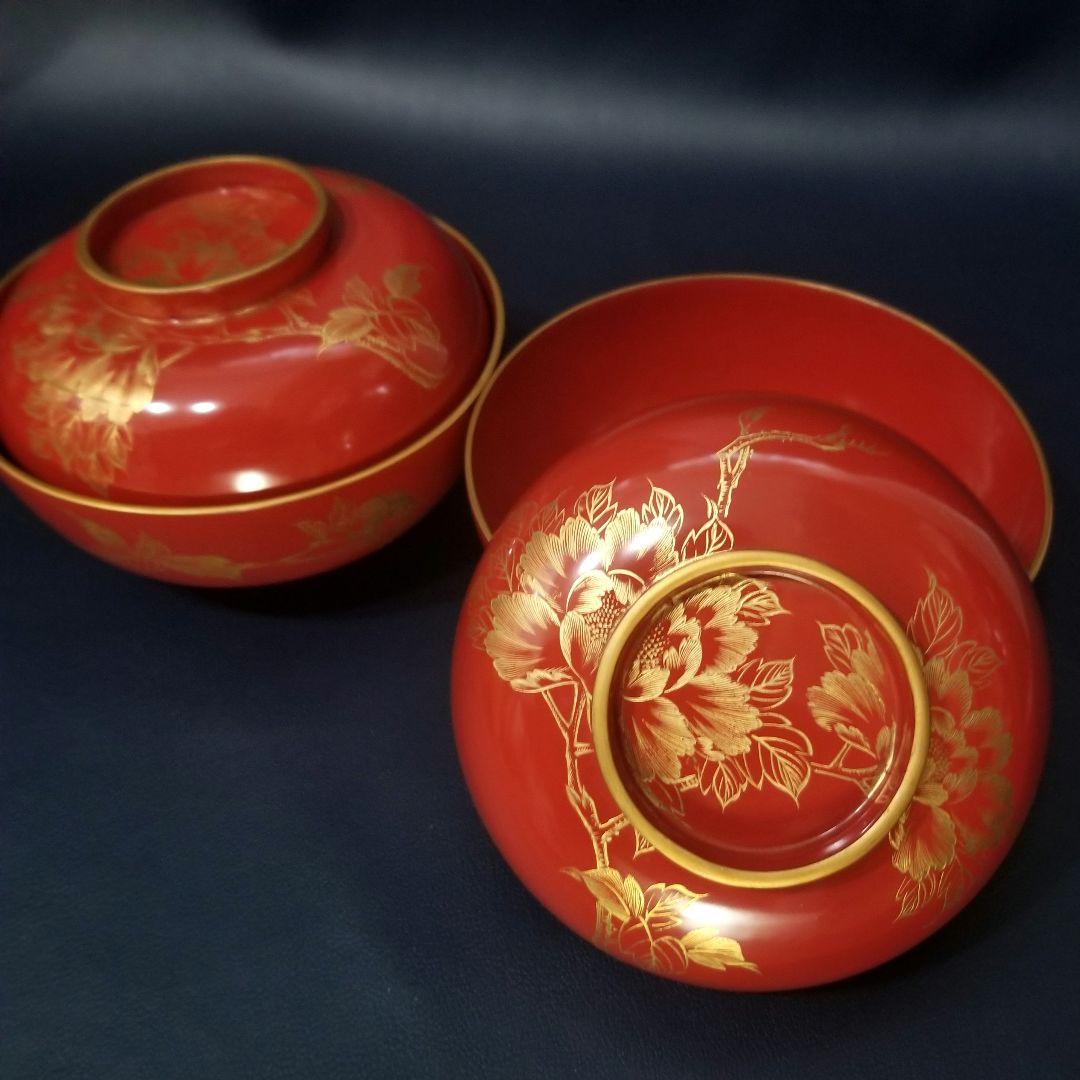 輪島塗 吸物椀 朱塗 沈金牡丹花文 吸物椀 煮物椀 懐石椀 2客