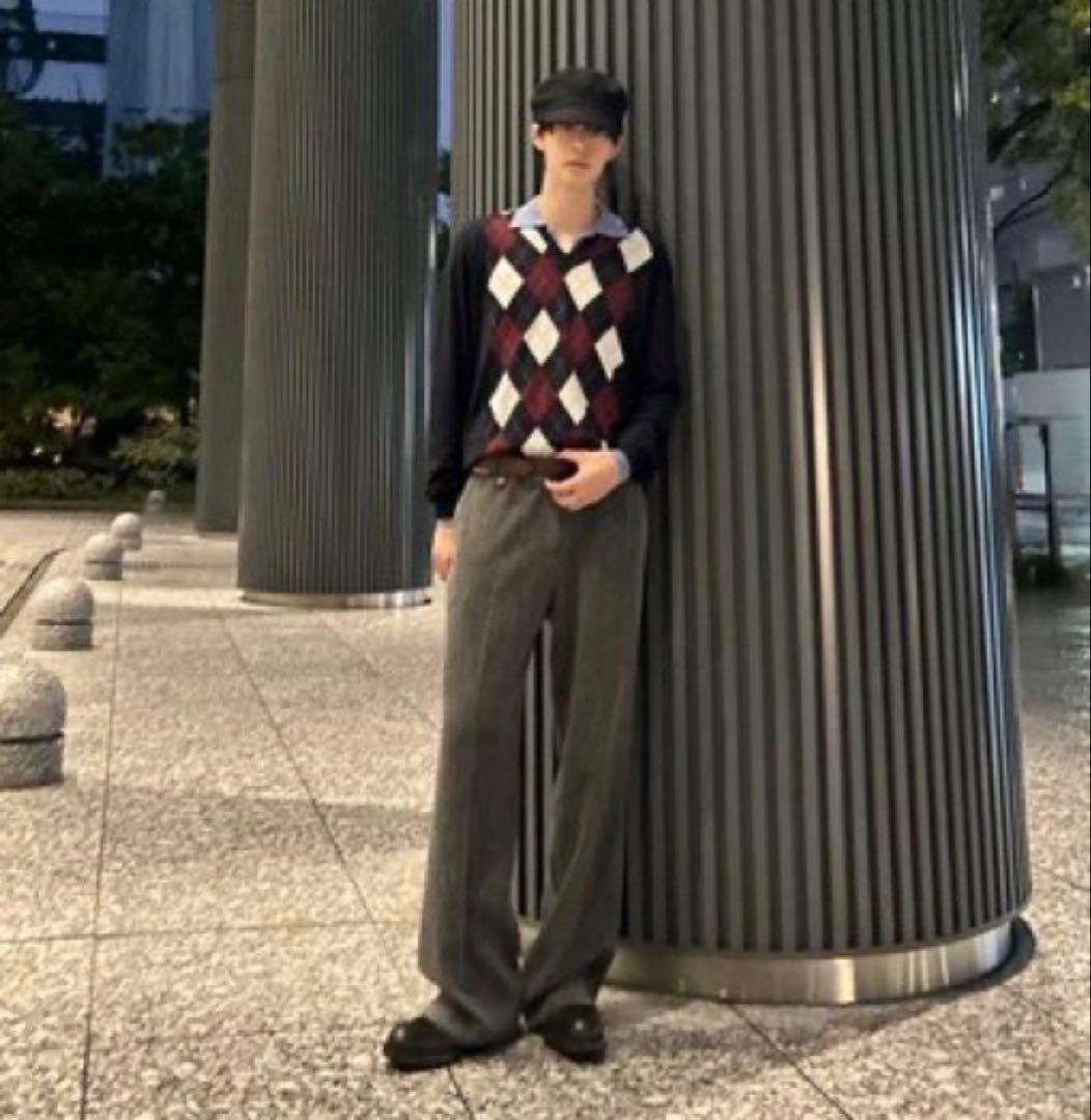 394【美品・48サイズ】プラダ☆アーガイル柄Vネックニット セーター 市川隼基