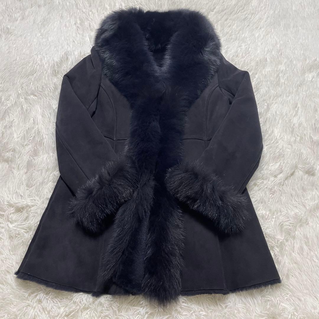 美品　M's Selection ラムレザー　ムートンファーコート　ネイビー