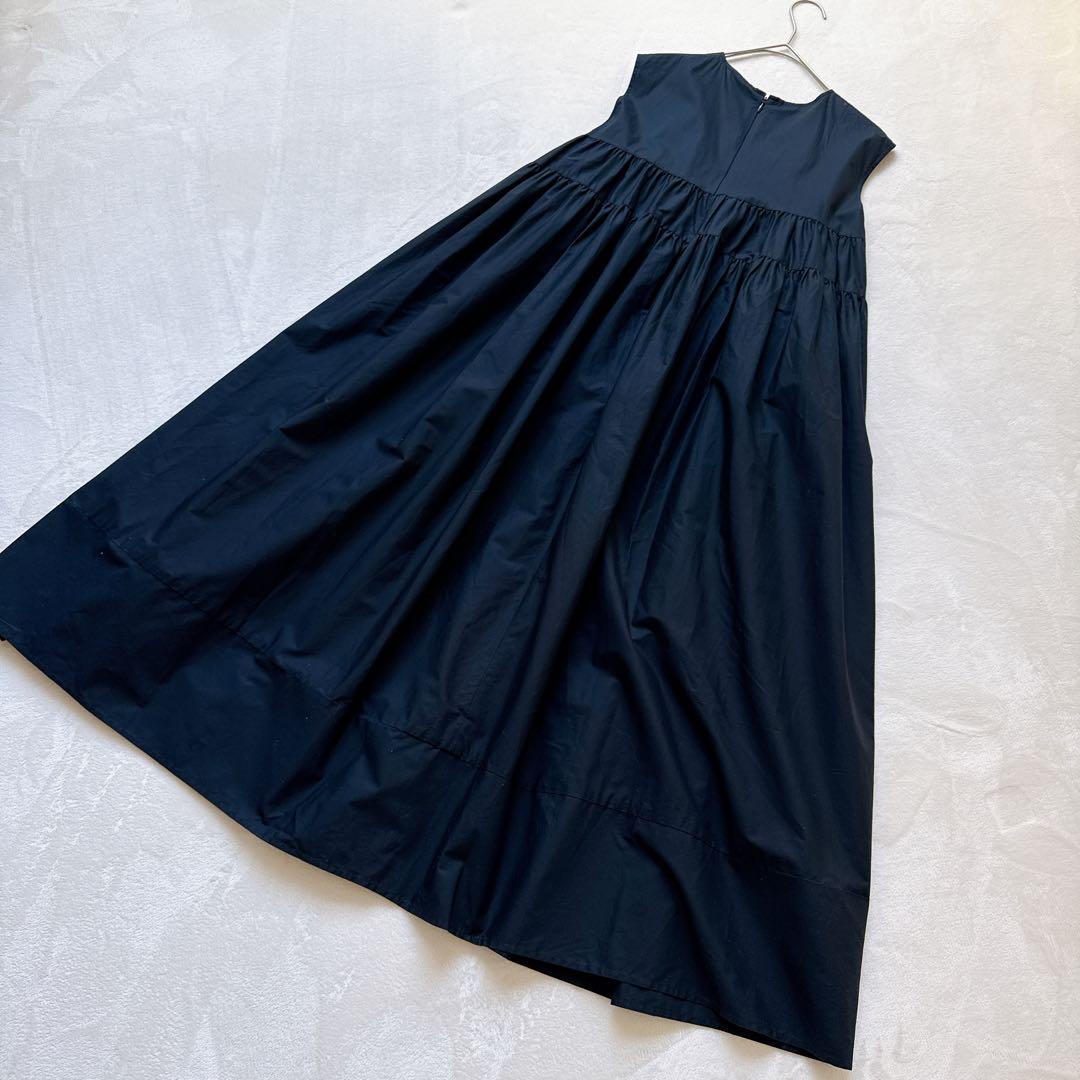 ヨーコチャン ノースリーブ ロング ティアード ギャザーワンピース ネイビー S