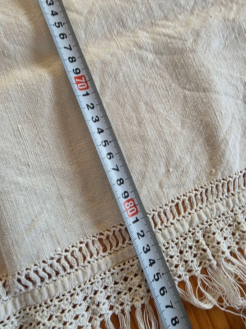 フランスアンティーク　手織りリネン　フリンジ付きクロス G.M刺繍