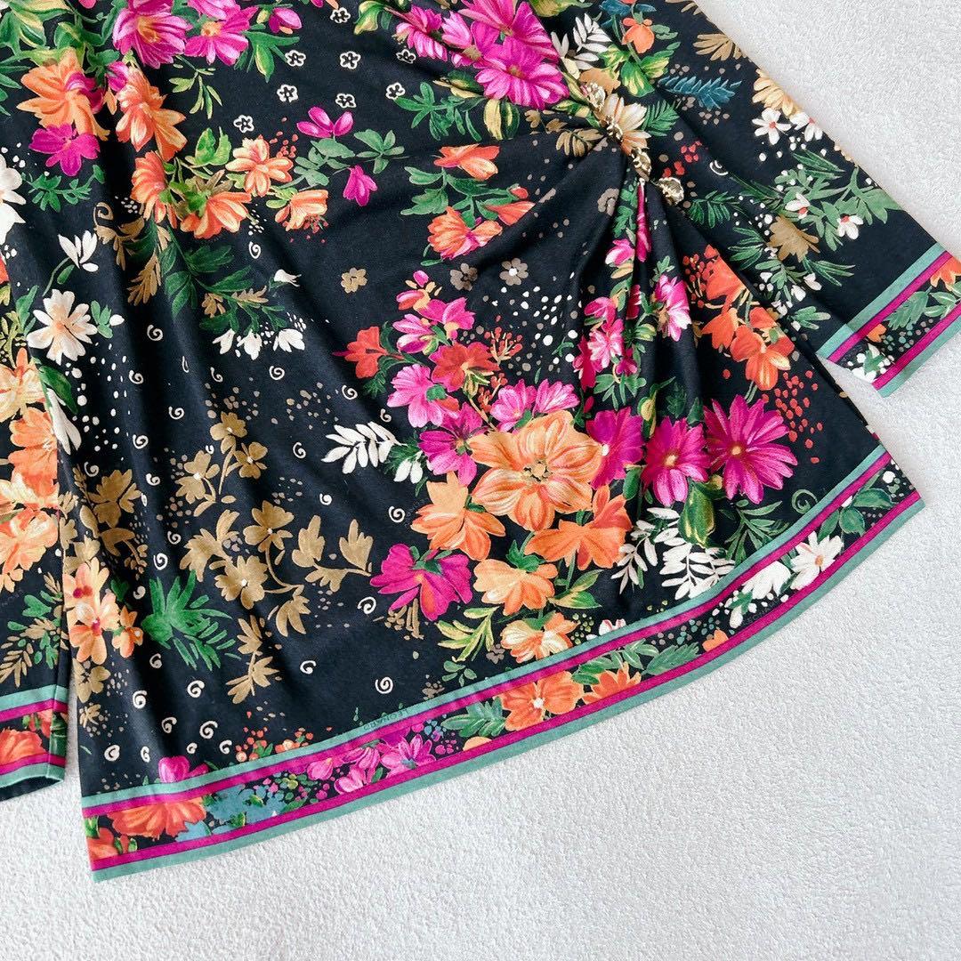 美品✨レオナール　チュニック　ブラウス　長袖　花柄　トリム　シルク　L